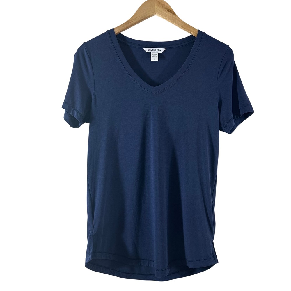 Athleta Womens Navy Blue V-Neck Short Sleeve Performance Tee‎ Shirt Size S Small